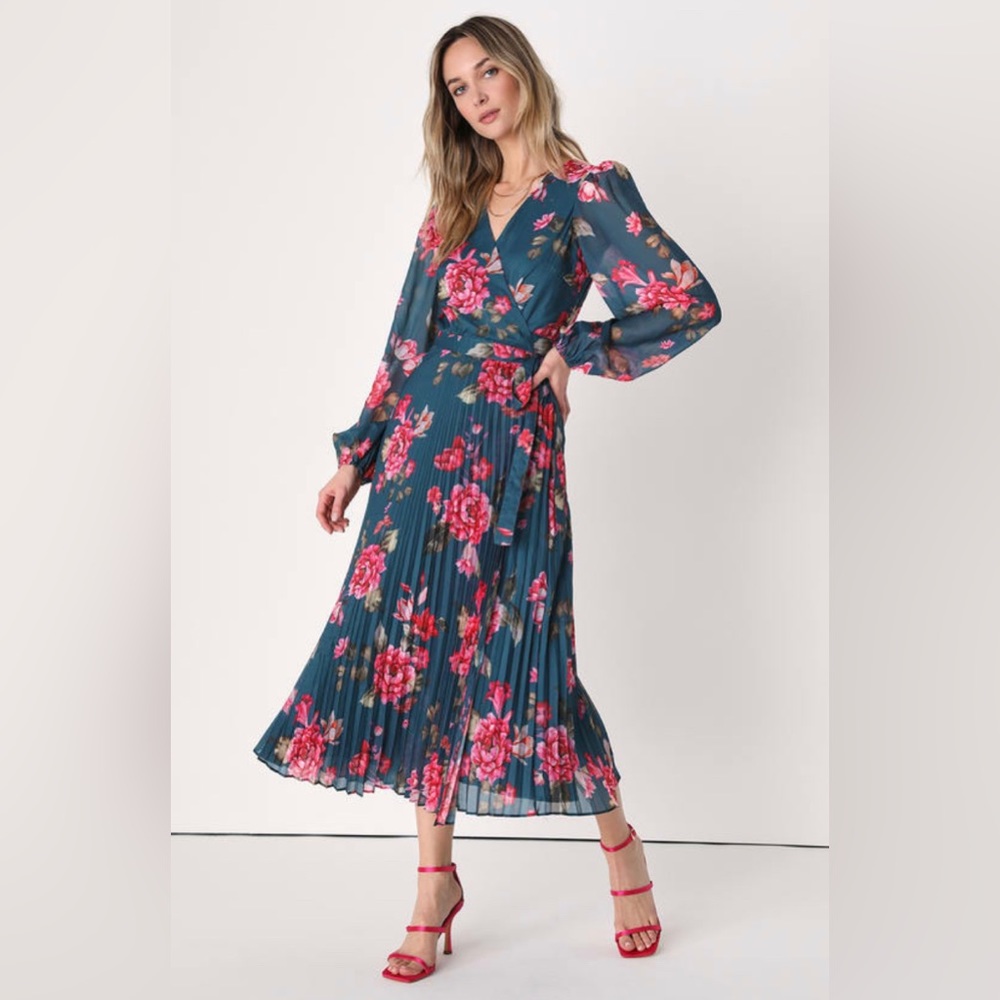 Lulus Blooming Whimsy Dark Teal Floral Pleated Midi Wrap Dress